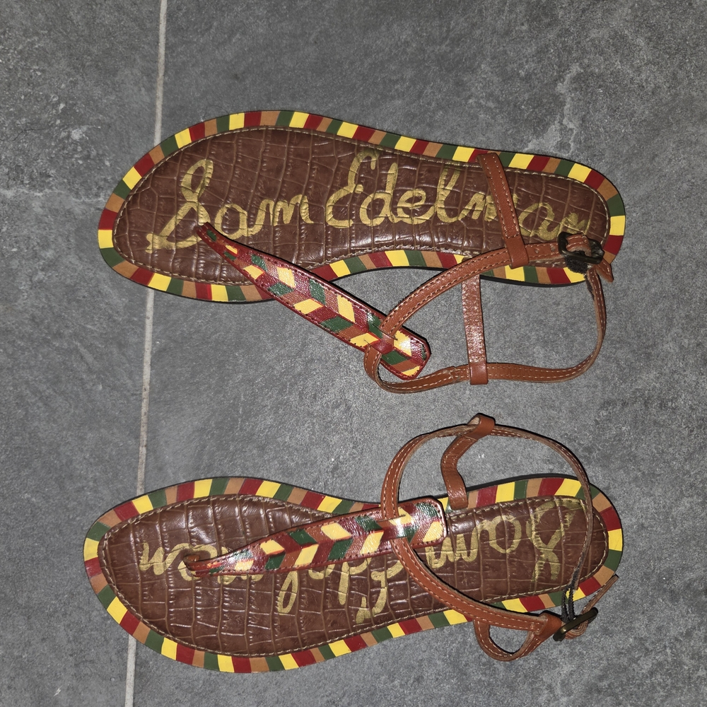 Sam Edelman Brown Sandals with Red, Green, And Yellow Accents, Bohemian Flair - Picture 2 of 3
